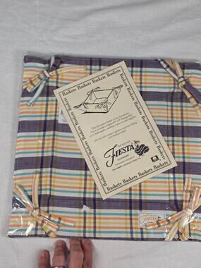 Fiesta Plum Plaid Fabric Bread Basket 8x8 Cotton NOS